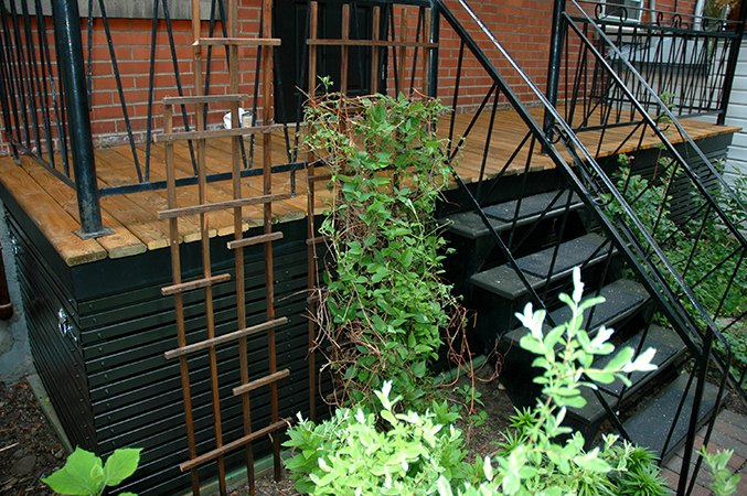 Rajeunissement d'une cour et de sa clôture sur ruelle, rénovation de la galerie arrière (Rue des Érables, Montréal).