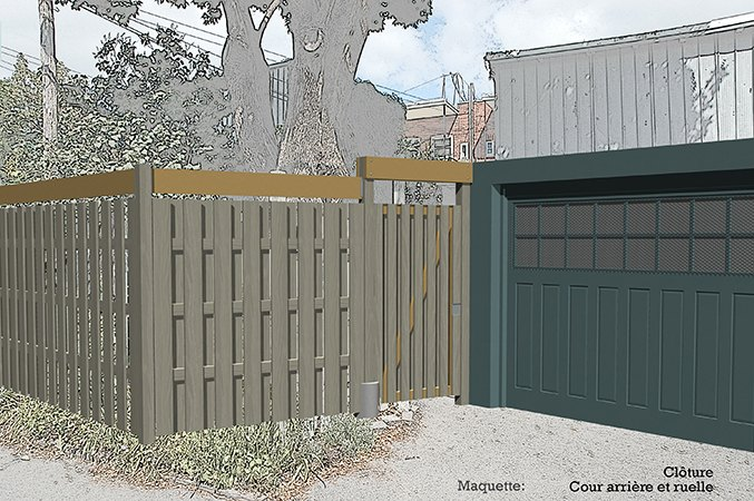 Rajeunissement d'une cour et de sa clôture sur ruelle, rénovation de la galerie arrière (Rue des Érables, Montréal).